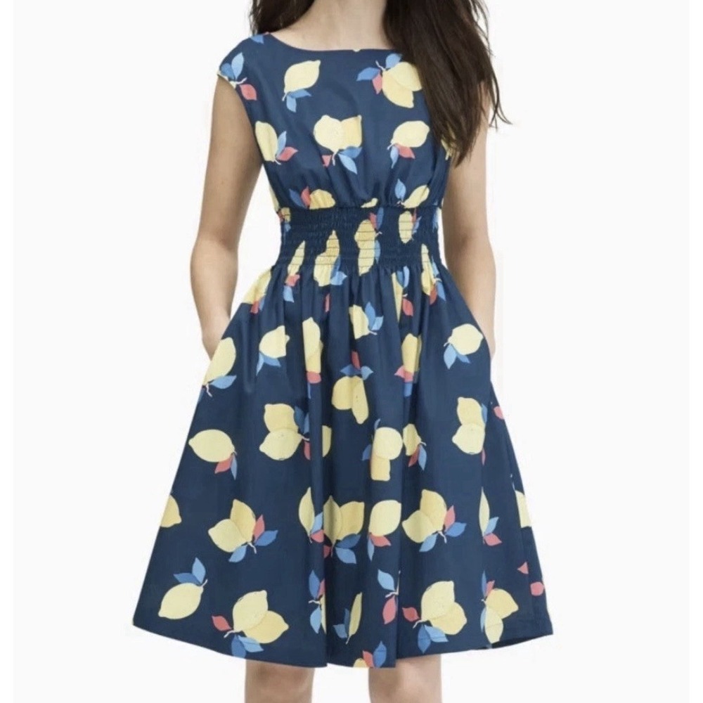 Kate Spade Blaire Dress Size 10 Lemon Zest Smocked Waist Cotton Pockets